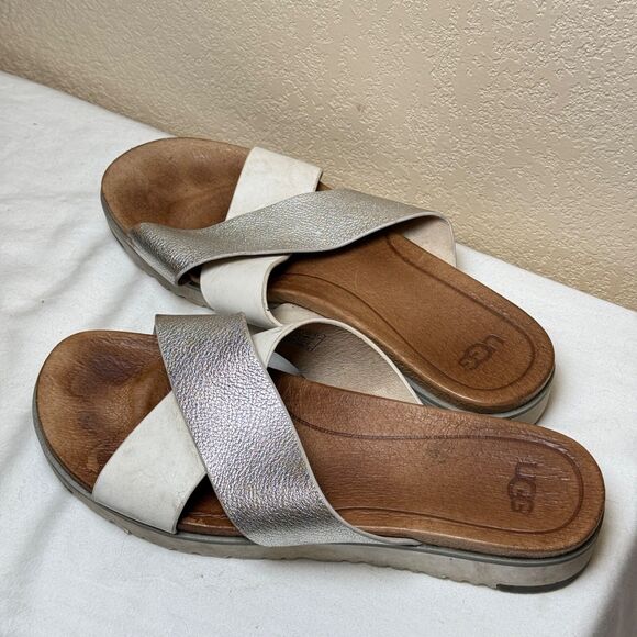UGG Kari Silver Metallic Criss Cross Strap Sandals Women's Size 8 - Picture 1 of 4